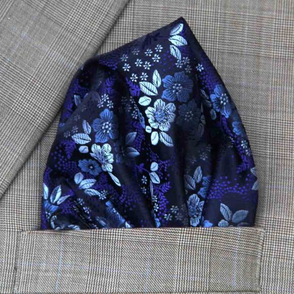 Gascoigne Pocket Square Silk Floral Blue Gray Purple Black - Picture 1 of 2